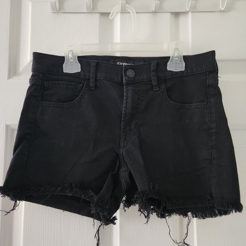 Express Black Denim Cutoff Distressed Mid Rise Shortie Jean Shorts - Size 6